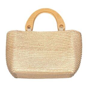VTG Wood Handle Straw Handbag Lined Zip Closure Inner Pocket 10W x 5D x 8H" 244H